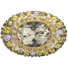 White Gold, Oval Yellow Sapphire, Pave-Set Sapphire and Diamond Cocktail Ring