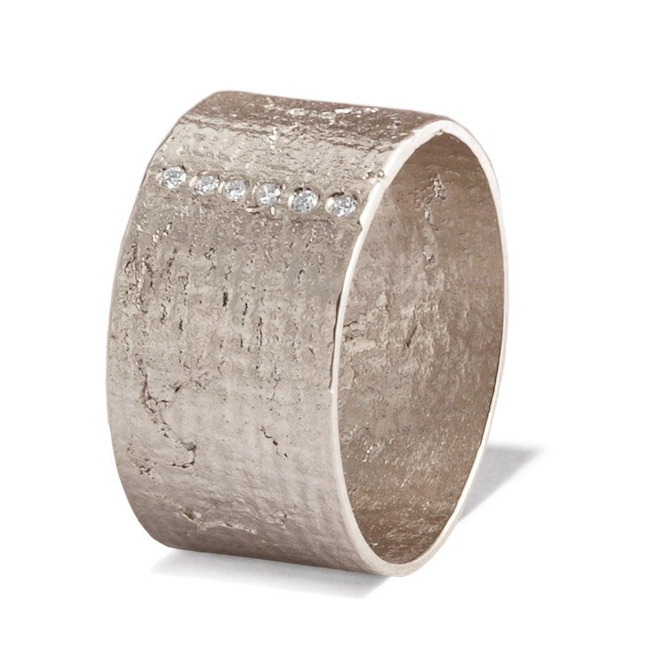 For Sale:  Textured Solid White Gold Paper Cigar Ring with Diamonds by Allison Bryan 2