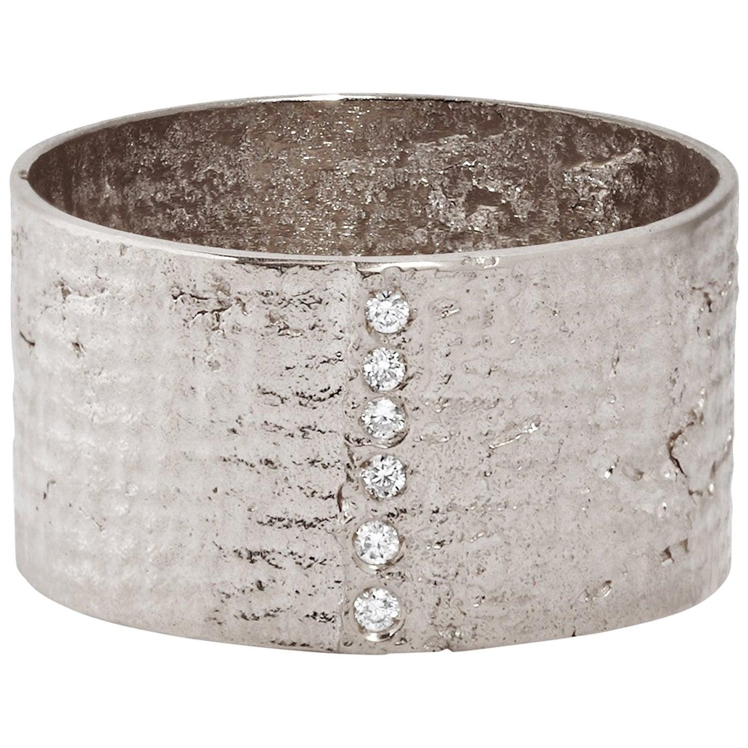 Textured Solid White Gold Paper Cigar Ring with Diamonds by Allison Bryan