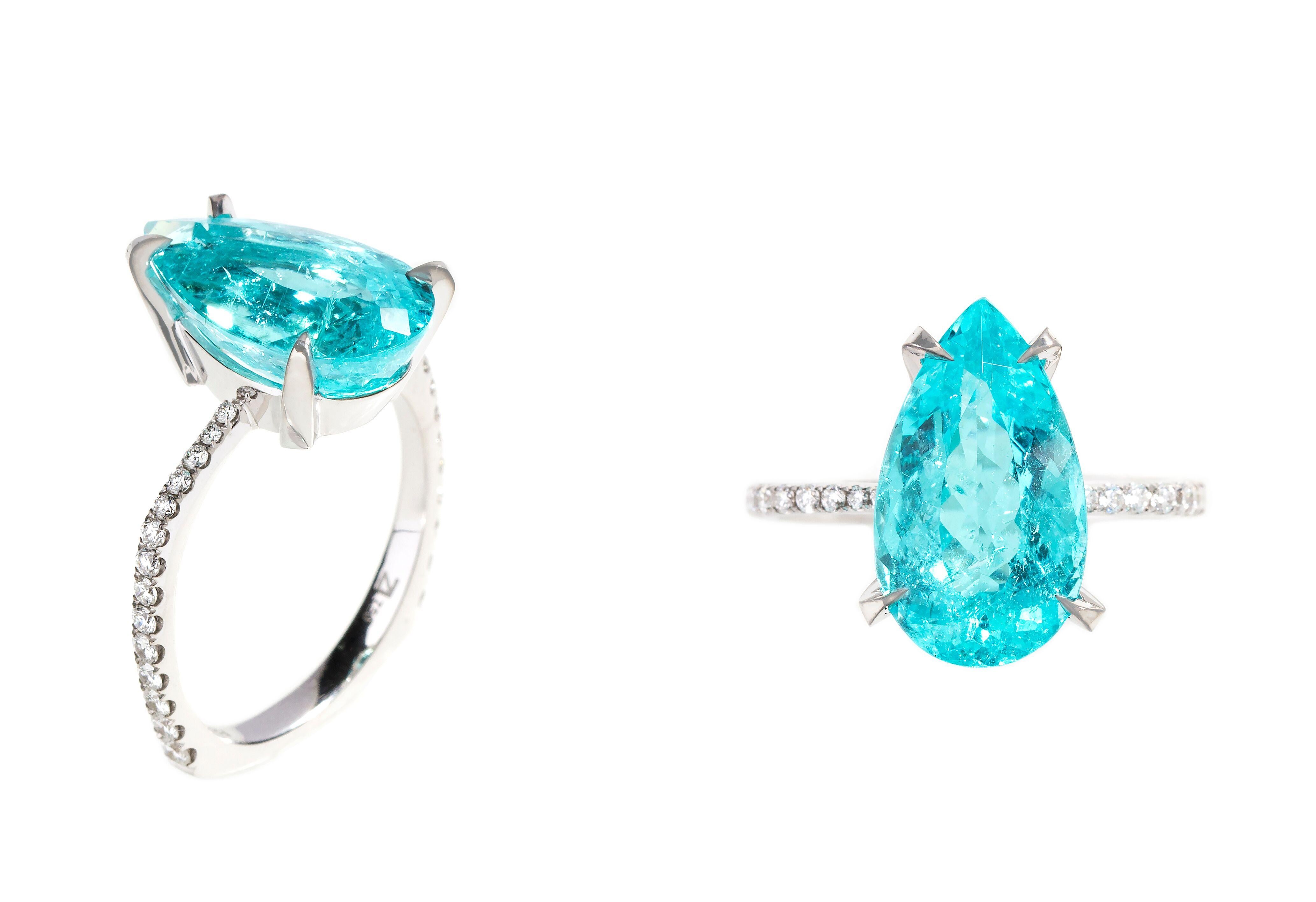 Designed exclusively by Ara Vartanian, this 18 Karat White Gold Ring features an IBGM Certified pear-shaped modified brilliant cut 5.98 Carat Paraiba Tourmaline with round brilliant White Diamonds (0.33 Carat) adorning the band.

Selecting the