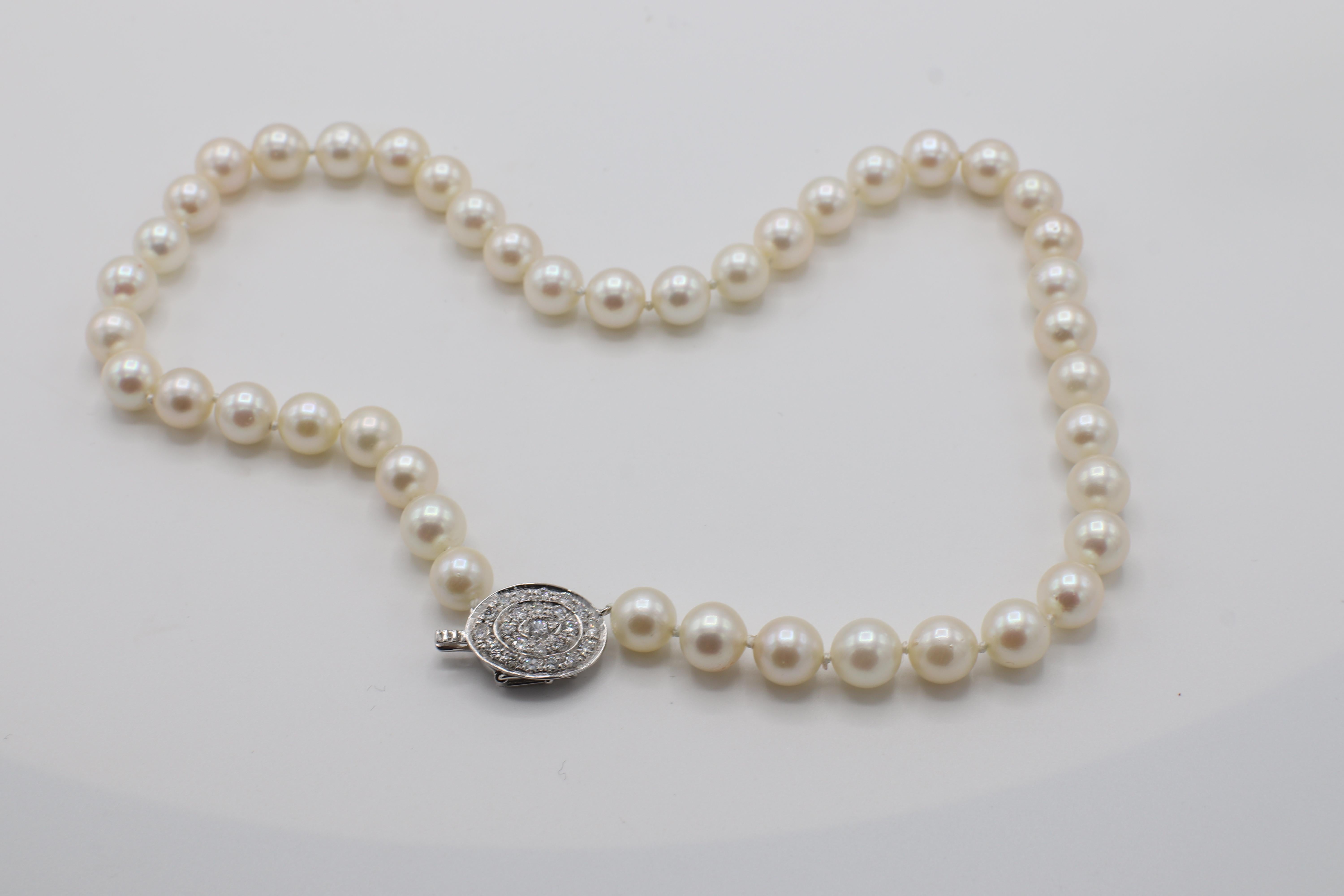 Round Cut White Gold Pave Diamond .75 Carat Single Strand Cultured Pearl Choker Necklace For Sale