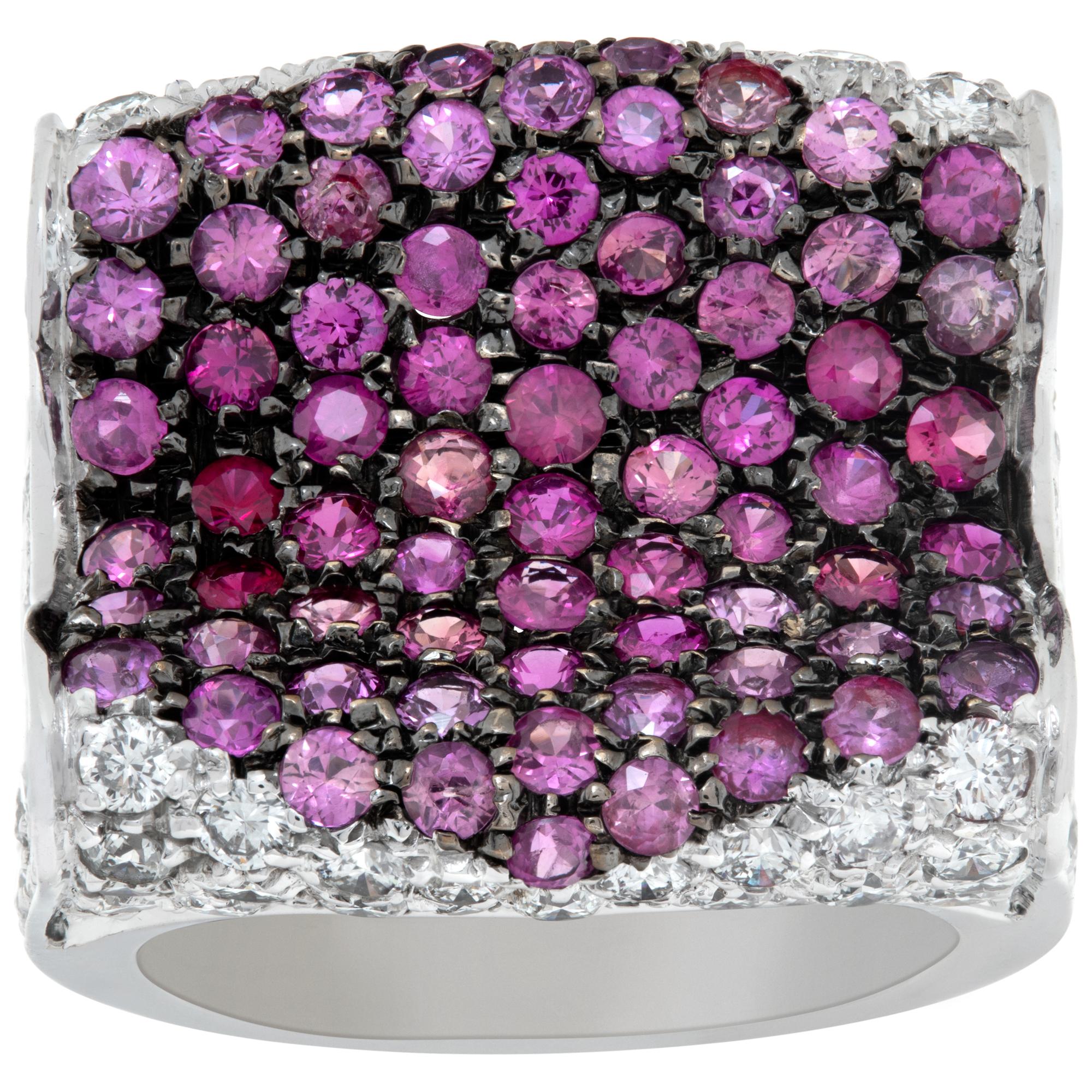 White gold pave diamond and pink sapphire ring For Sale