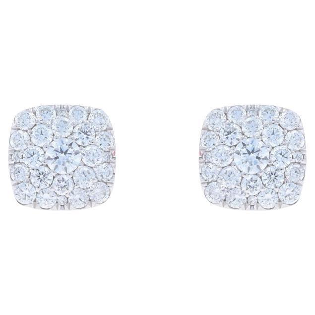 White Gold Pavé Diamond Cluster Stud Earrings - 14k Round 1.00ctw Square Pierced