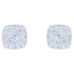 White Gold Pavé Diamond Cluster Stud Earrings - 14k Round 1.00ctw Square Pierced