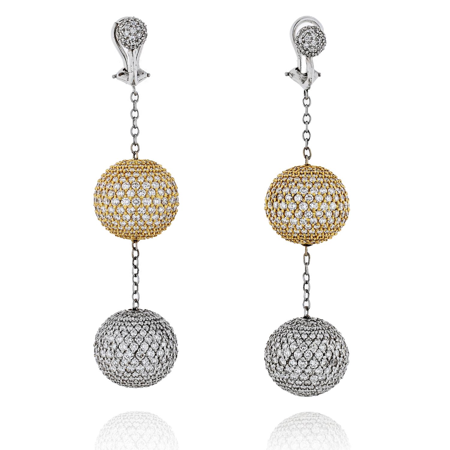 Pave diamond three tier disco ball earrings are an amazing addition to your fun diamond jewelry collection.

Material: 18k Gold
Grams: 45gr
Carat Weight: 20cts
Diamond Cut: Rounds