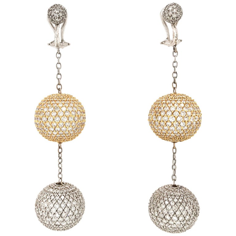 White Gold Pave Diamond Disco Ball Dangle Earrings For Sale at 1stDibs