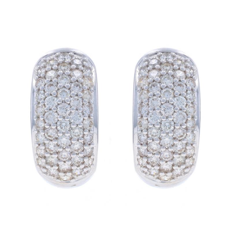 Metal Content: 14k White Gold

Stone Information

Natural Diamonds
Carat(s): 1.50ctw
Cut: Round Brilliant
Color: I - J
Clarity: SI1 - SI2

Total Carats: 1.50ctw

Style: Hoop
Fastening Type: Snap Closures
Features: Pave Set