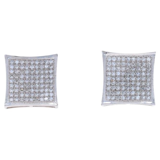 White Gold Pave Diamond Lg Cluster Stud Earrings 10k Single Cut 1.00ctw Square