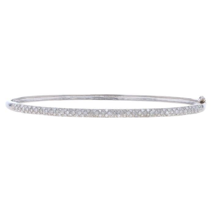 White Gold Pavé Diamond Oval Bangle Bracelet 6 3/4" - 14k Single Cut 1.00ctw For Sale