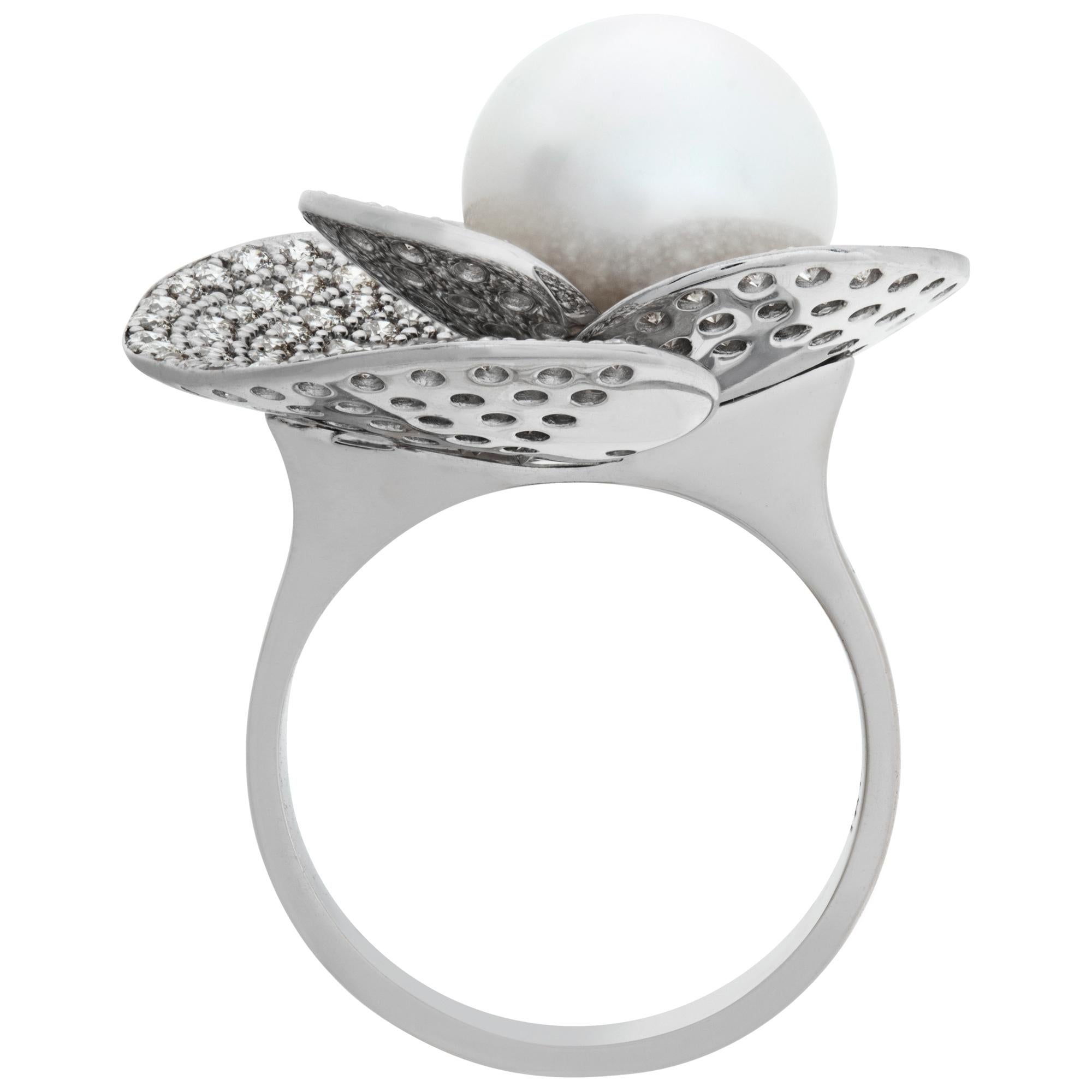 Women's White gold pave diamond petals ring cradling a 11.3 mm cultured pearl For Sale