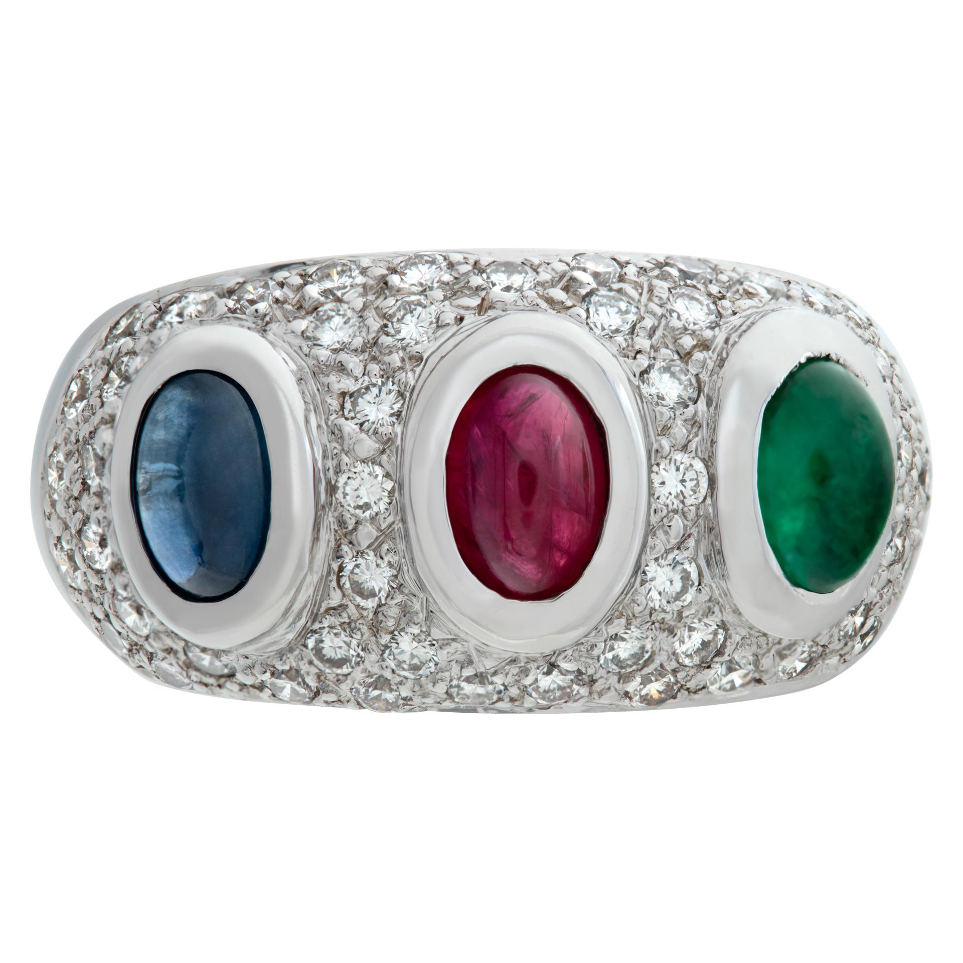 Pave diamond ring with cabochon sapphire, ruby & emerald in 18k white gold with approximately 1 carat in pave diamonds (G-I Color, SI Clarity). Size 6.25, width 5mm - 11mm.This Diamond ring is currently size 6.25 and some items can be sized up or