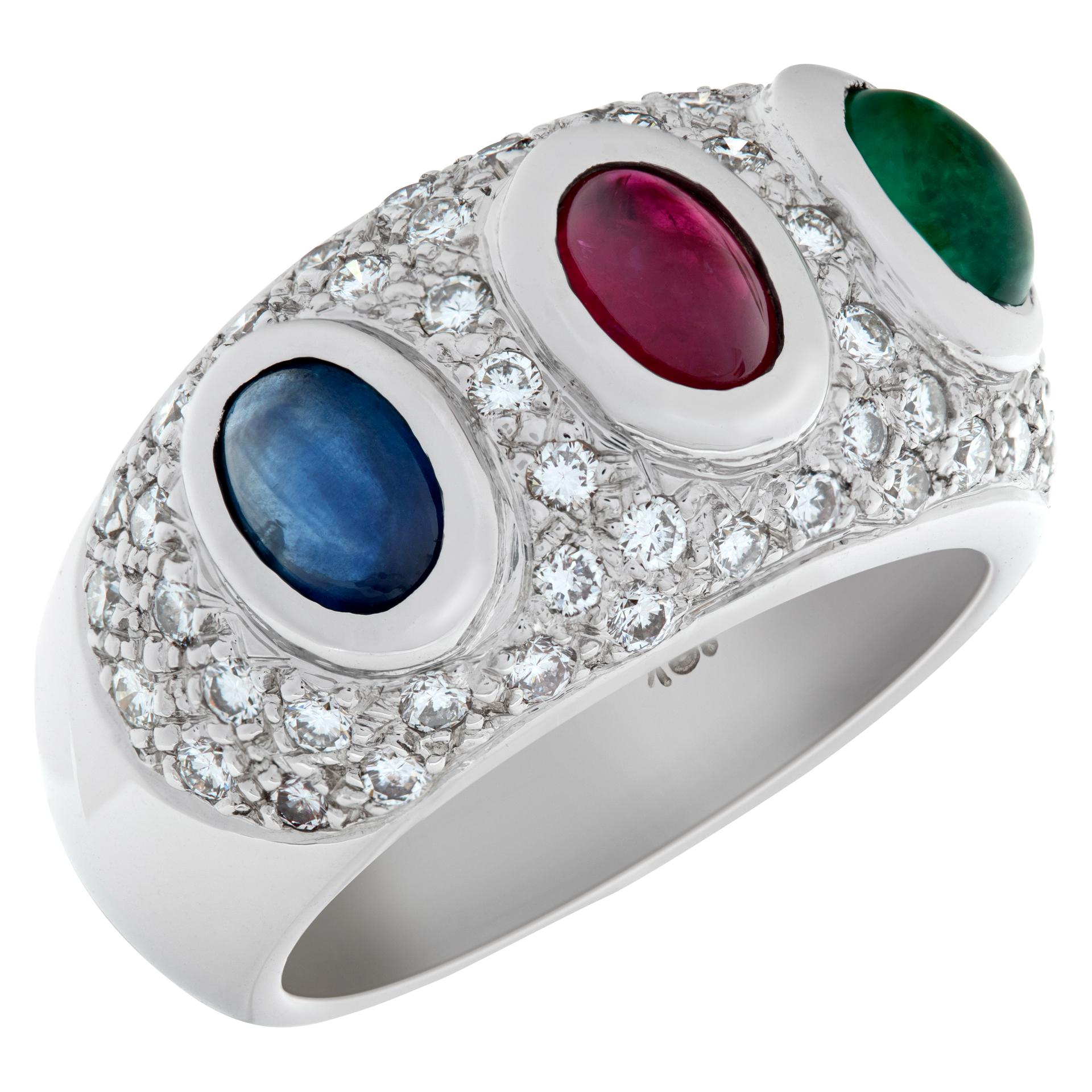 White gold pave diamond ring with cabochon sapphire ruby & emerald In Excellent Condition For Sale In Surfside, FL