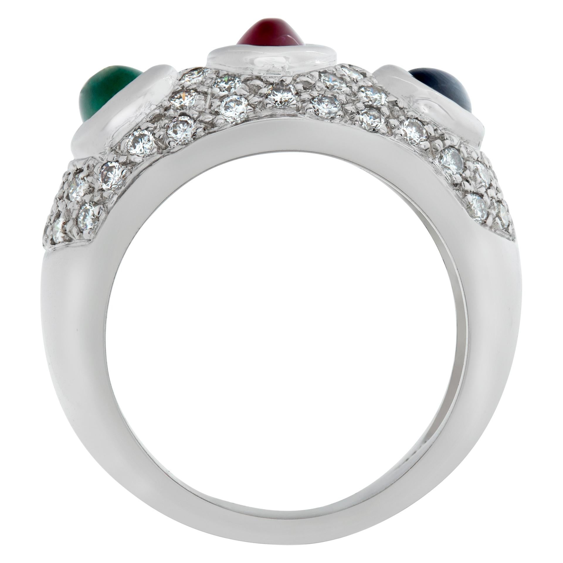Women's White gold pave diamond ring with cabochon sapphire ruby & emerald For Sale