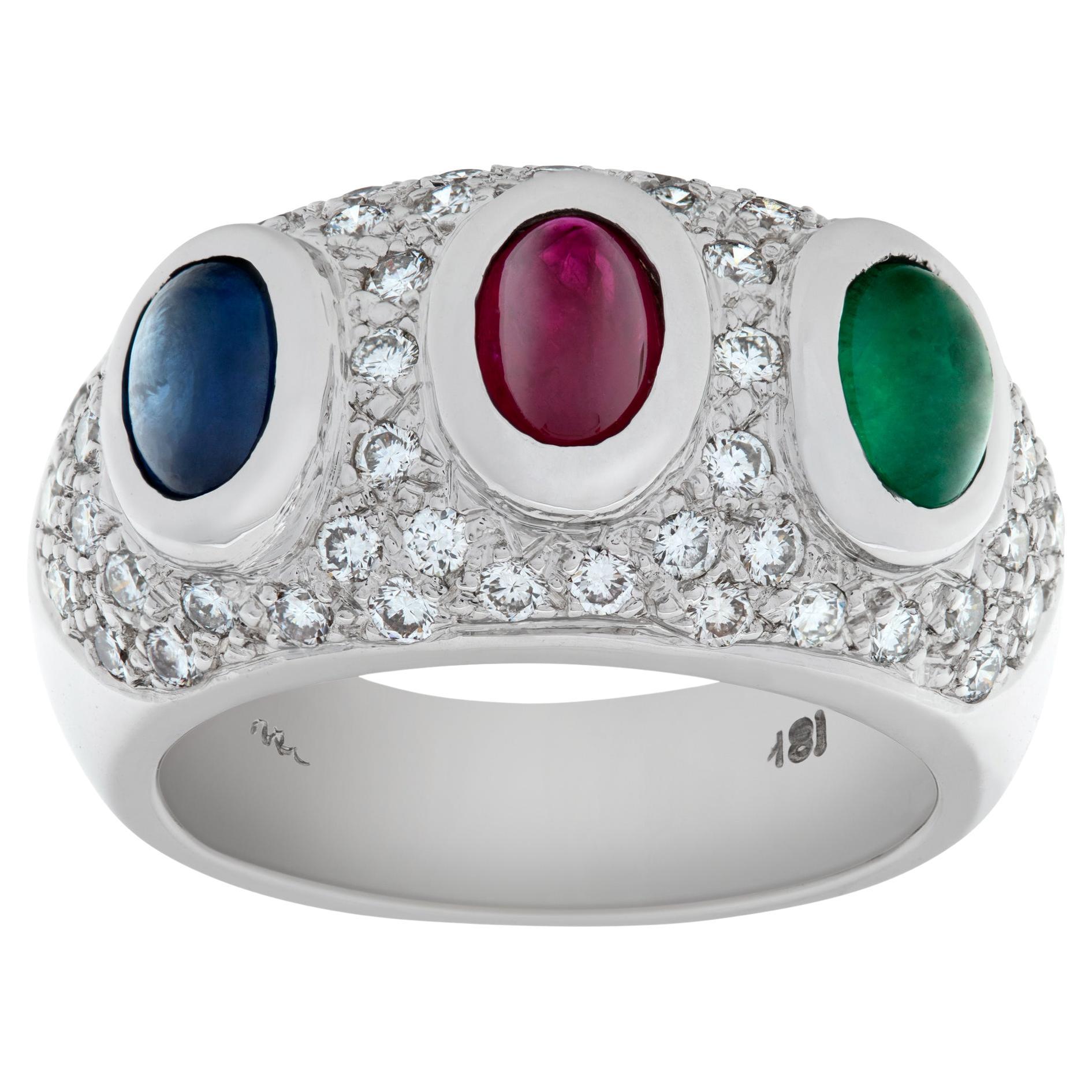 White gold pave diamond ring with cabochon sapphire ruby & emerald