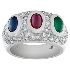 Vintage White gold pave diamond ring with cabochon sapphire ruby & emerald