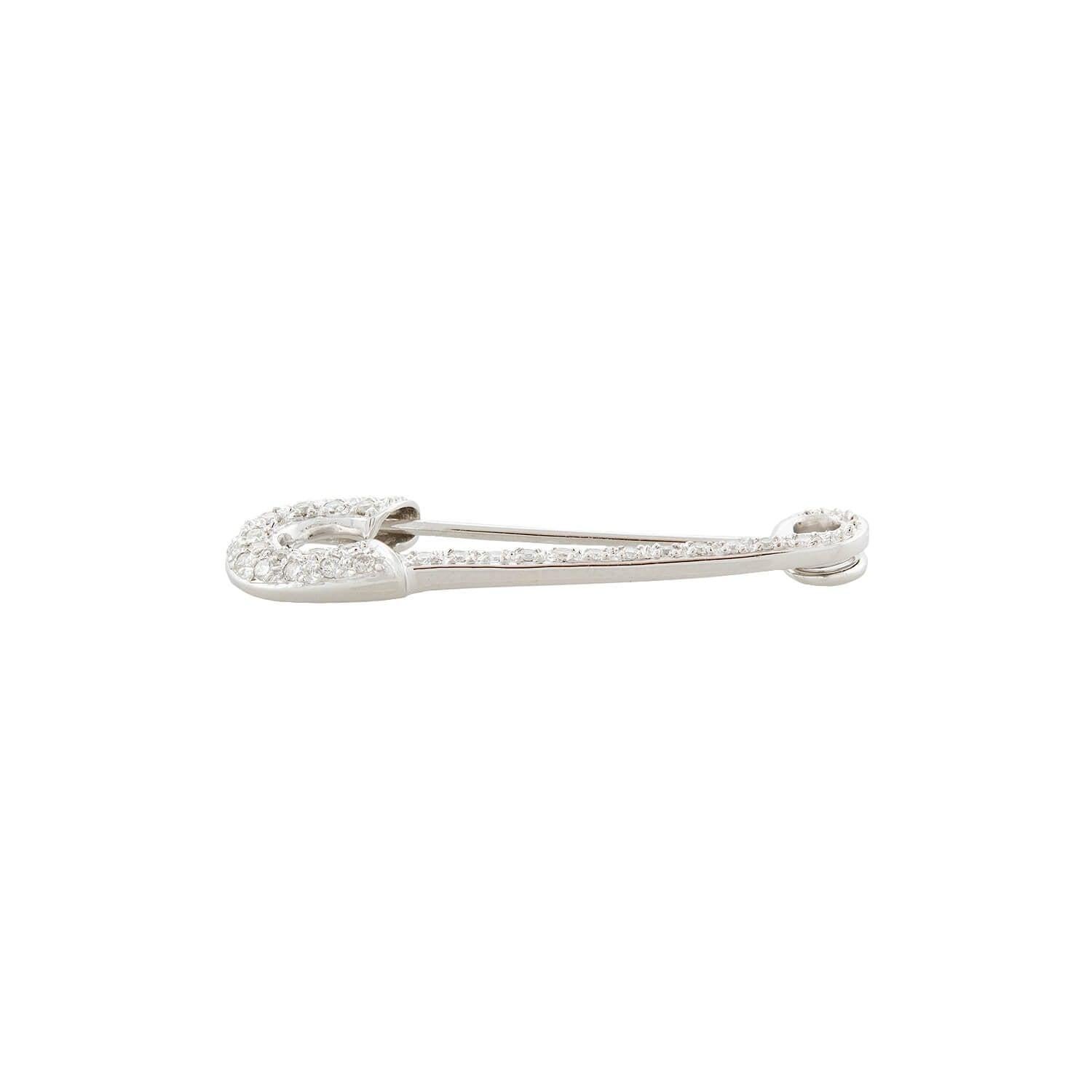 A fabulous pair of contemporary safety pins! Crafted in 14kt white gold, each safety pin is pavé set with glittering Round Cut diamonds, weighing an approximate total of 0.85ctw across the pair. Each safety pin is marked 