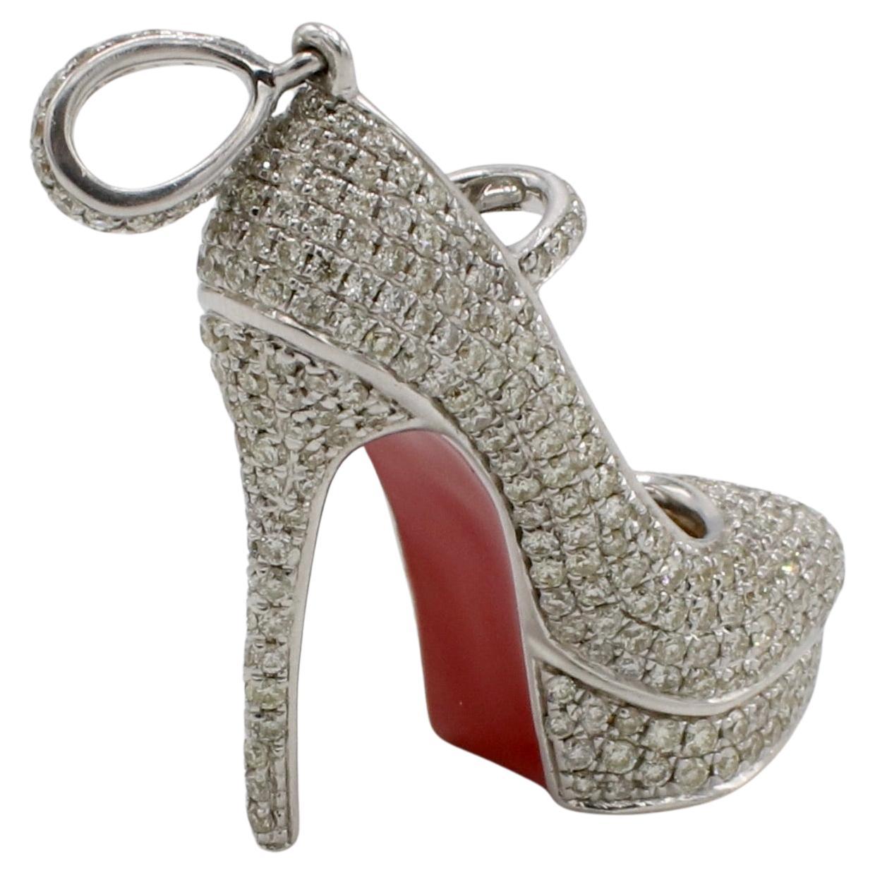 White Gold Pavé Natural Diamond 1.61ct Red Bottom Enamel High Heal Shoe Charm Pendant
Metal: 14k white gold
Weight: 6.51 grams
Diamonds: 1.69 CTW F-G VVS round natural diamonds (marked) 
Dimensions: 24 x 25mm
Bale opening: 3.3mm
STD I-15597

