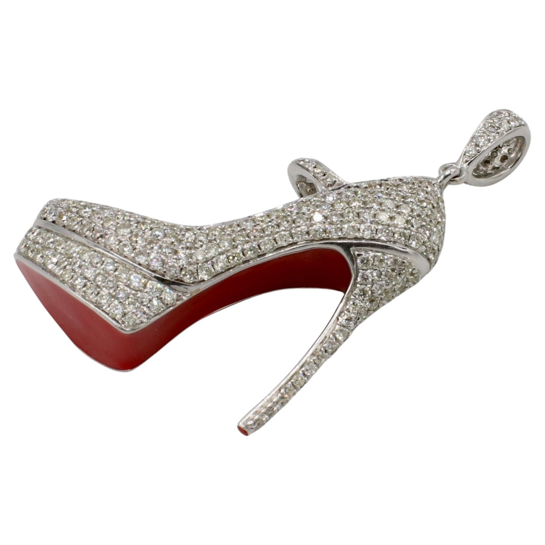 Round Cut White Gold Pavé Natural Diamond 1.69ct Red Bottom High Heal Shoe Charm Pendant For Sale
