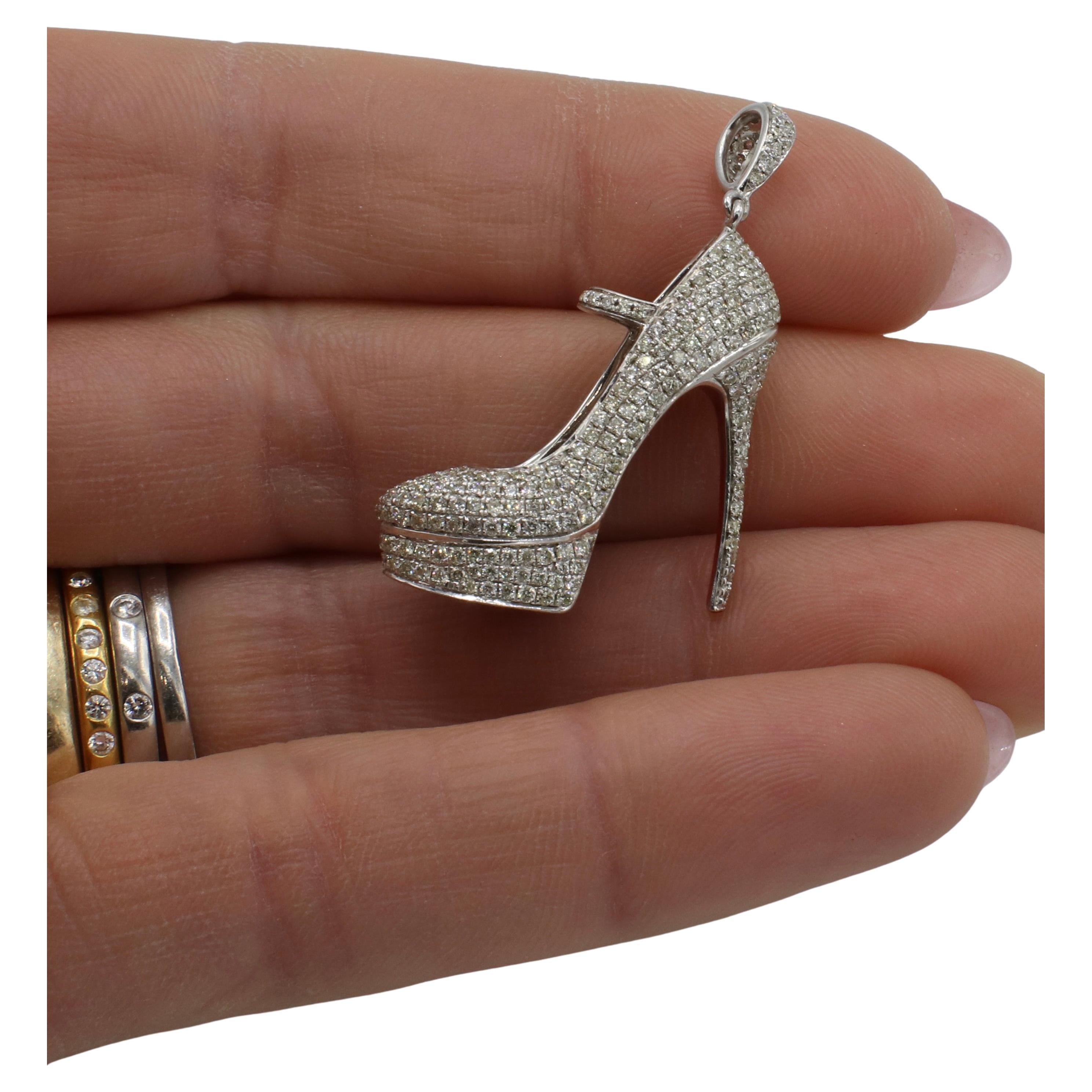 White Gold Pavé Natural Diamond 1.69ct Red Bottom High Heal Shoe Charm Pendant In Excellent Condition For Sale In  Baltimore, MD