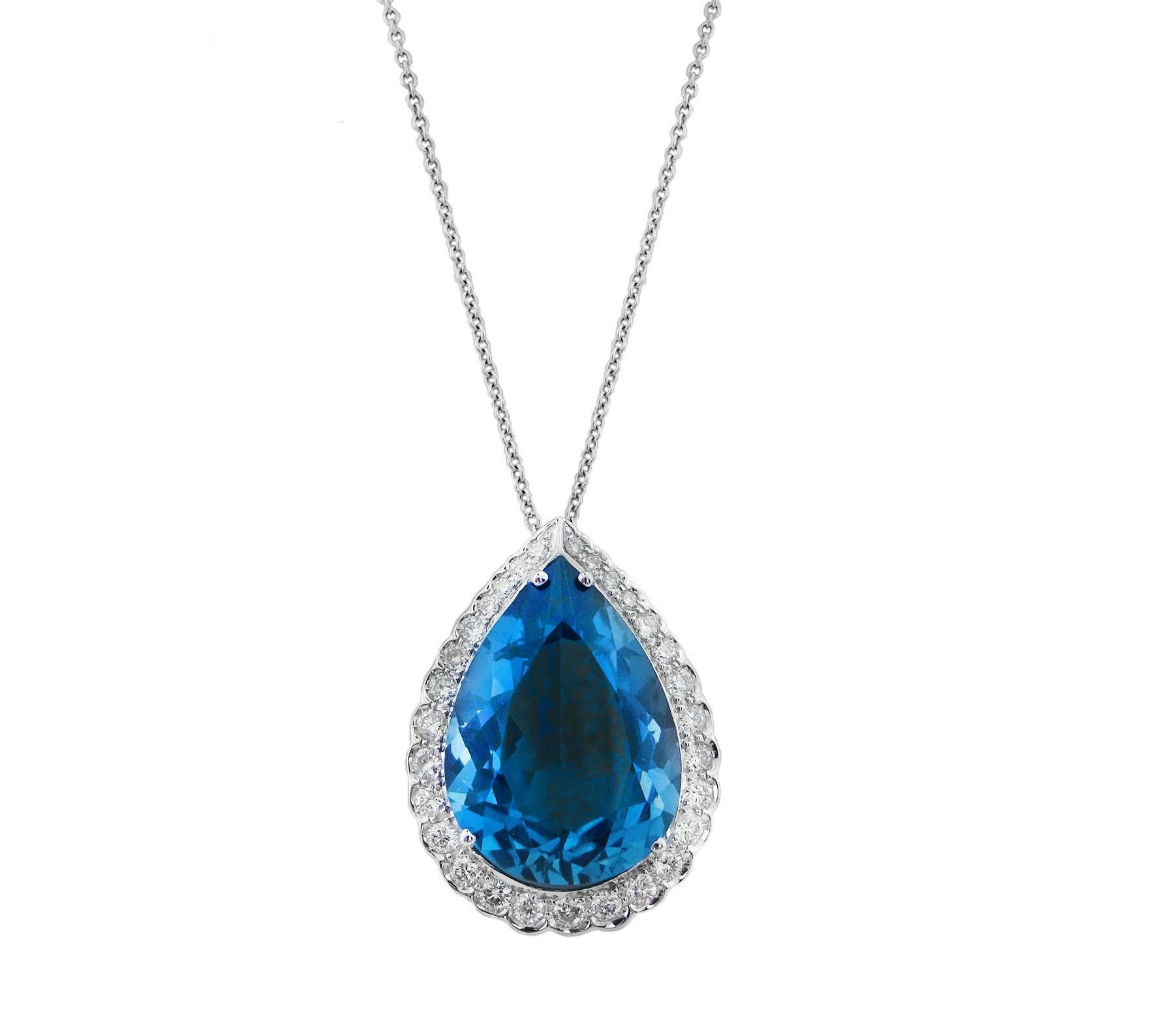 Modern White Gold Pear Cut Blue Topaz Necklace with Diamonds, 11.64 Carat For Sale