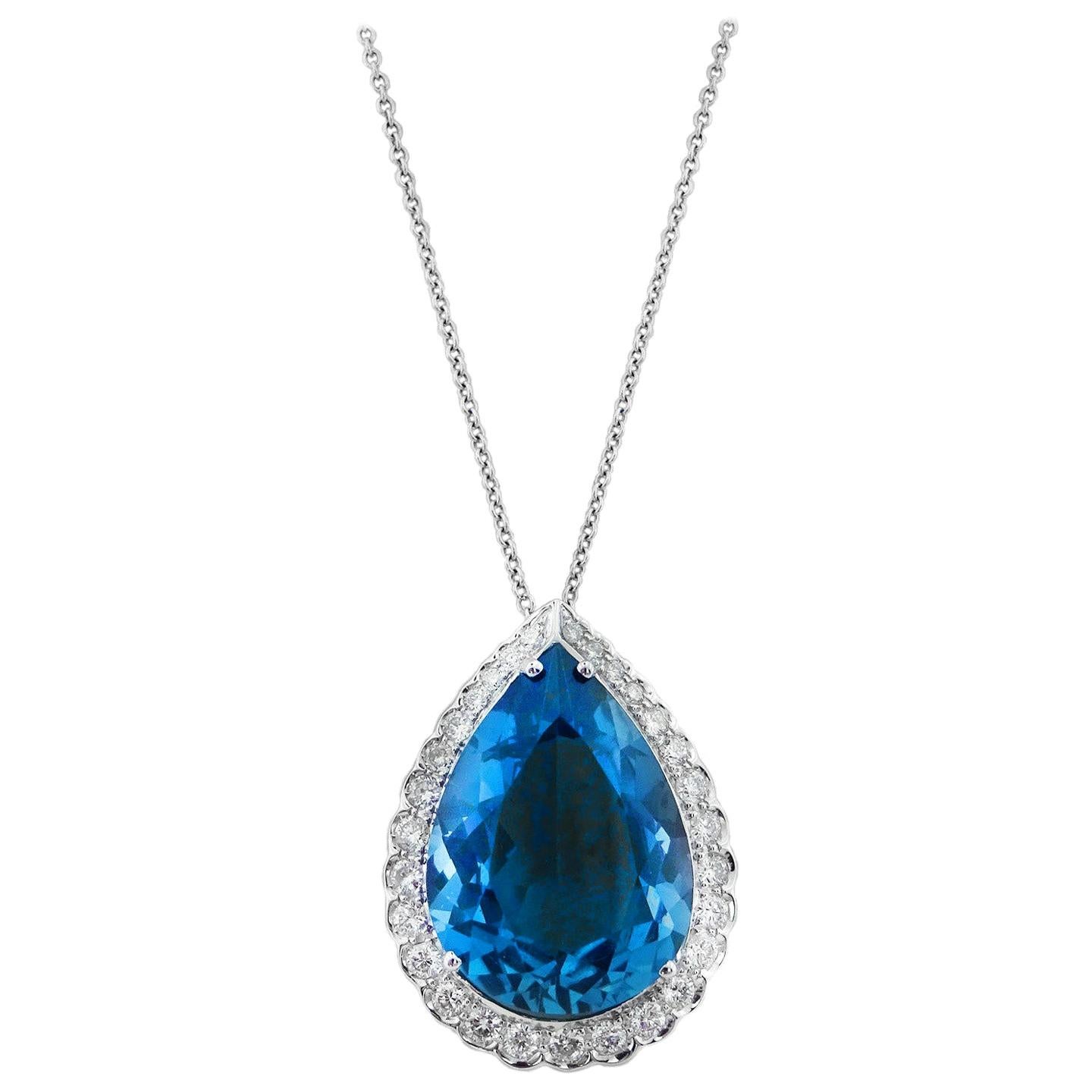 White Gold Pear Cut Blue Topaz Necklace with Diamonds, 11.64 Carat For Sale