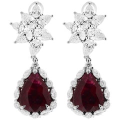 White Gold Pear Cut Mozambique Vivid Red Ruby and Diamond Earrings, 17.22 Carat