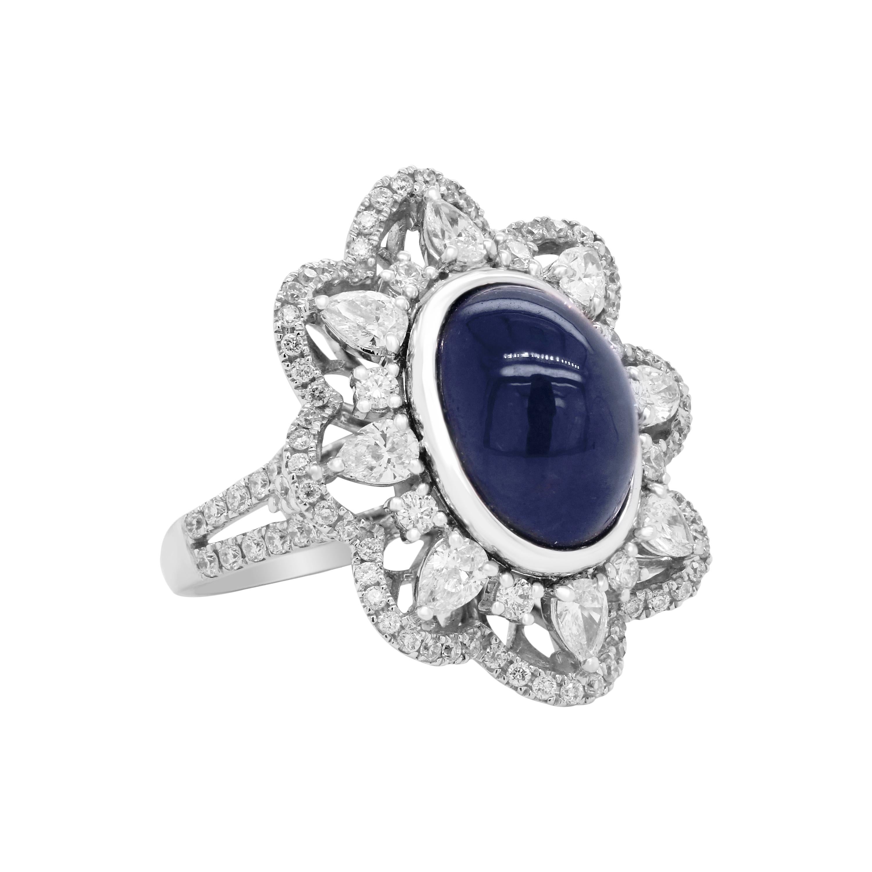 Oval Cut White Gold Pear Shape and Round Diamond Ring with Cabochon Blue Sapphire Center For Sale