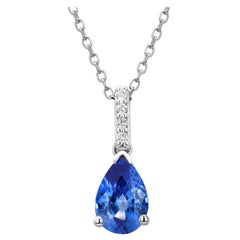 White Gold Pear Shape Blue Sapphire and Diamond Drop Pendant Necklace