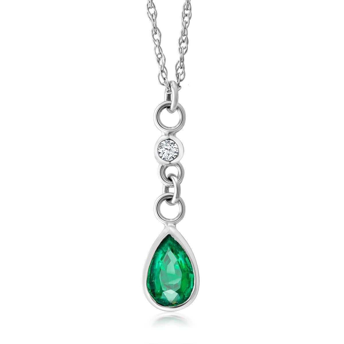 Modernist White Gold Pear Shape Emerald and Diamond Pendant Necklace Weighing 0.84 Carat