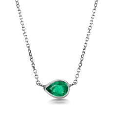 White Gold Pear Shape Emerald Bezel-Set Pendant Necklace