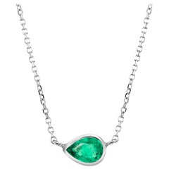 White Gold Pear Shape Emerald Bezel-Set Pendant Necklace