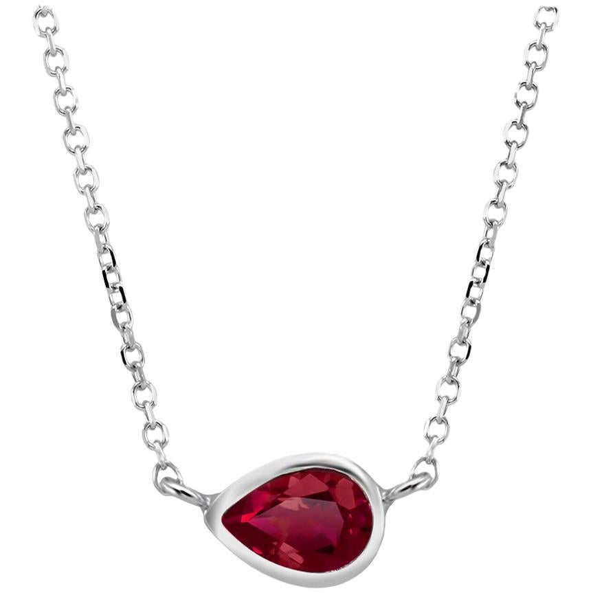 White Gold Pear Shape Ruby Bezel Set Pendant Necklace Weighing 0.95 Carat