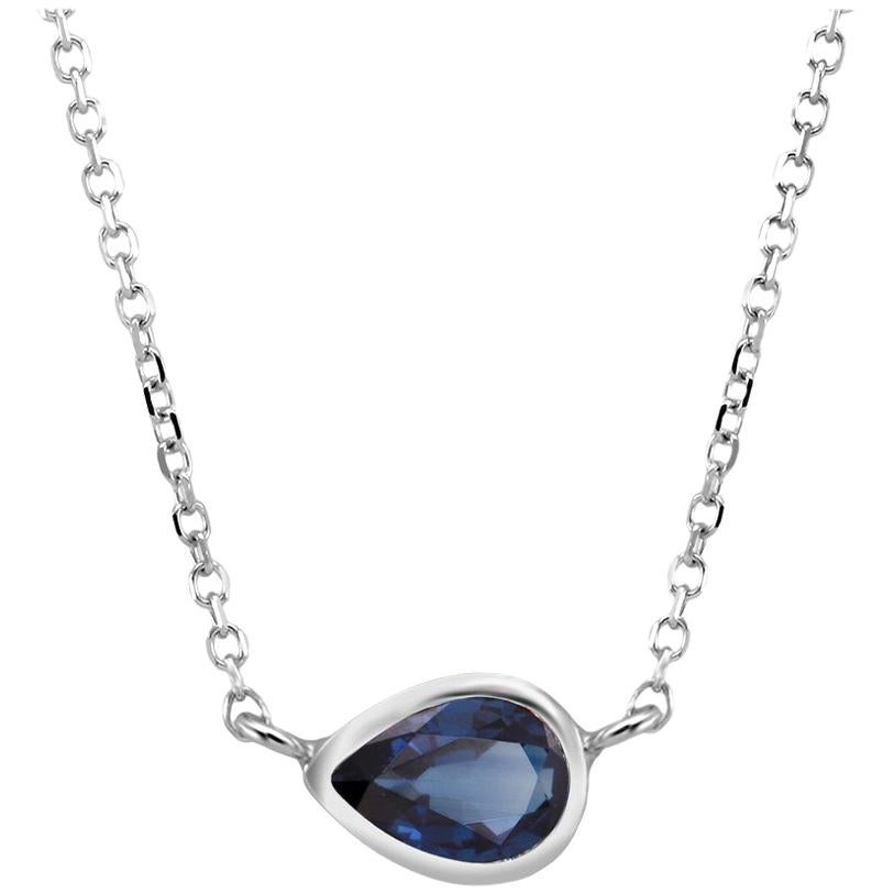 White Gold Pear Shape Sapphire Bezel Set Pendant Necklace Weighing 0.95 Carat