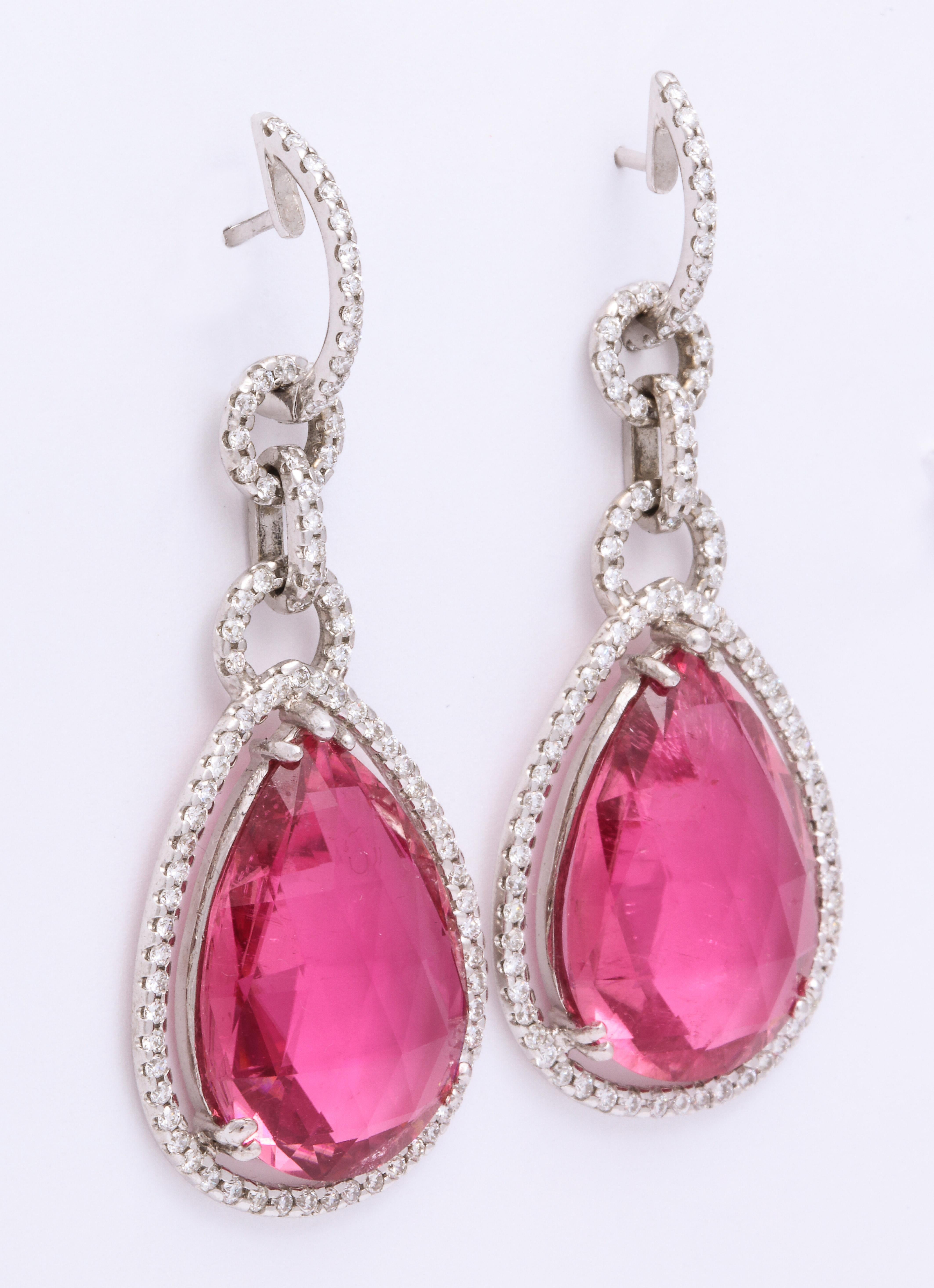 Romantic White Gold, Pear Shaped Pink Tourmaline and Diamond Pendant Earrings For Sale