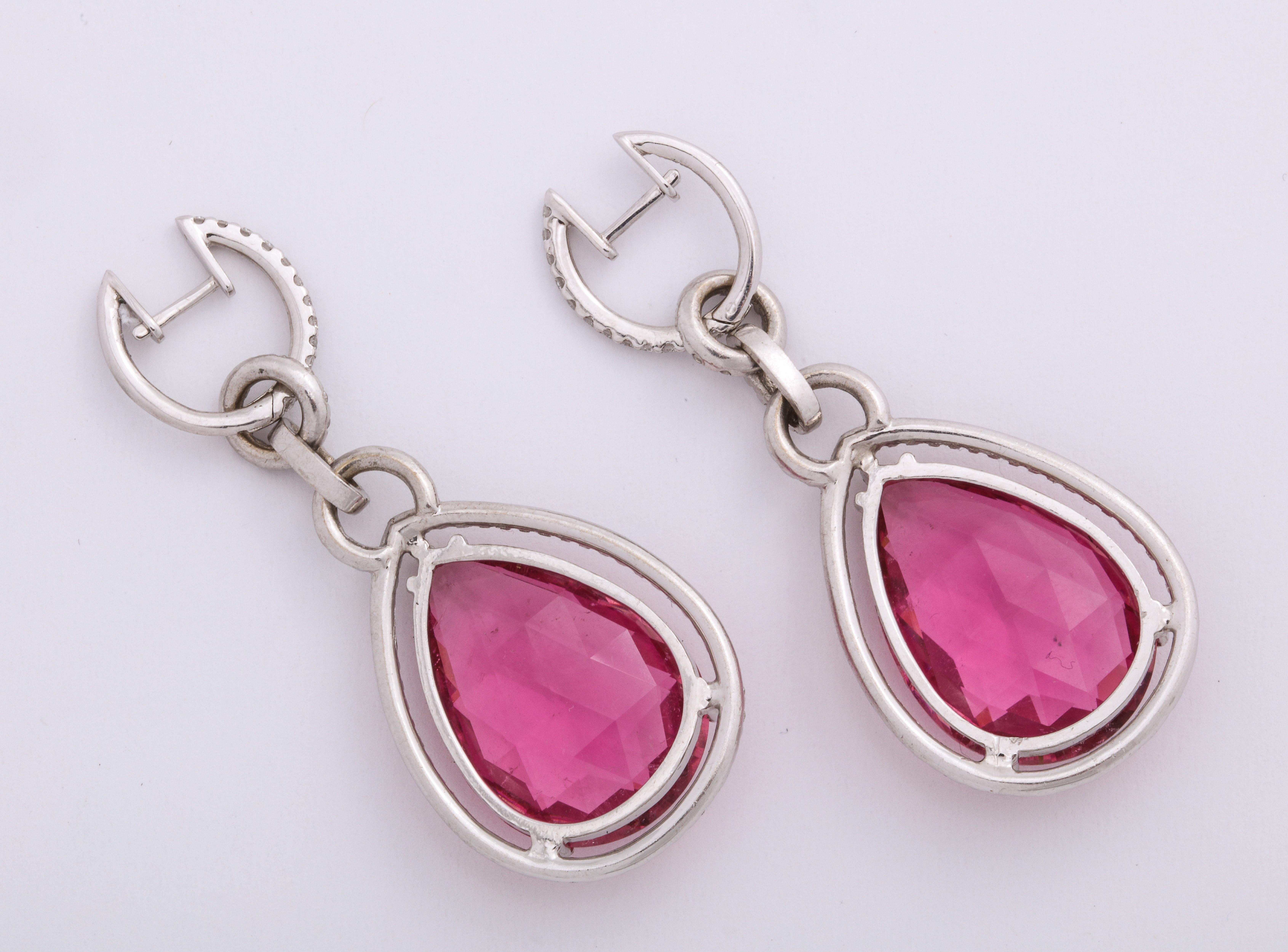 Pear Cut White Gold, Pear Shaped Pink Tourmaline and Diamond Pendant Earrings For Sale
