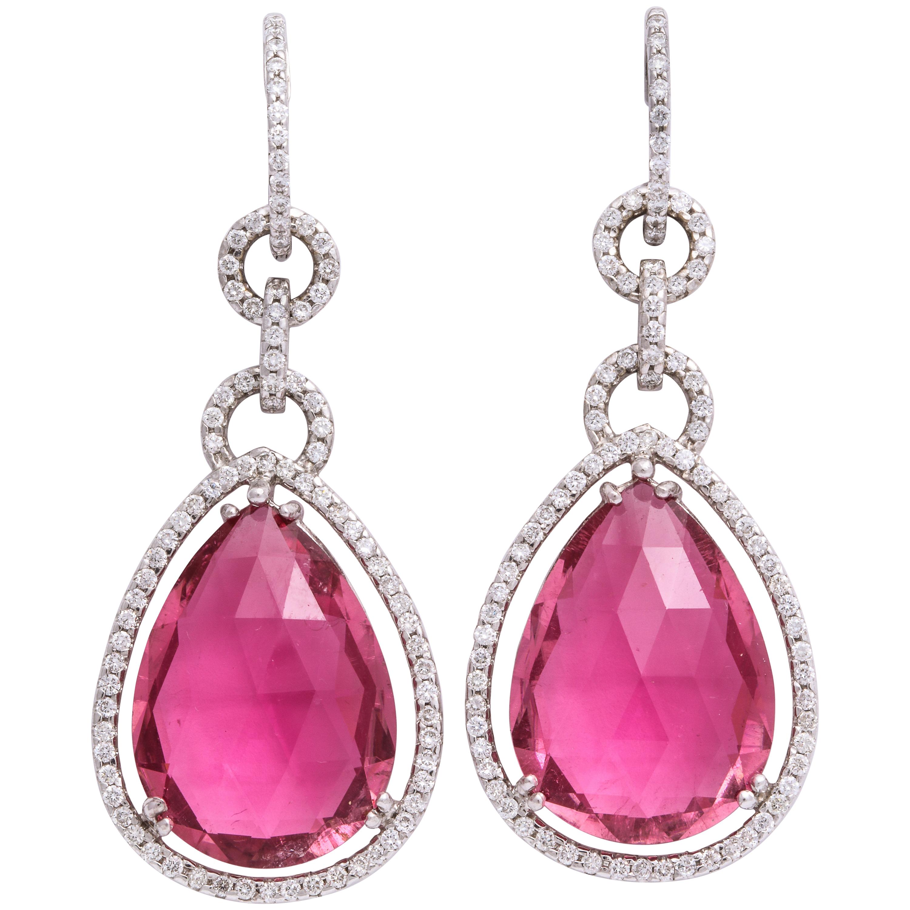 White Gold, Pear Shaped Pink Tourmaline and Diamond Pendant Earrings For Sale