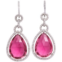 White Gold, Pear Shaped Pink Tourmaline and Diamond Pendant Earrings
