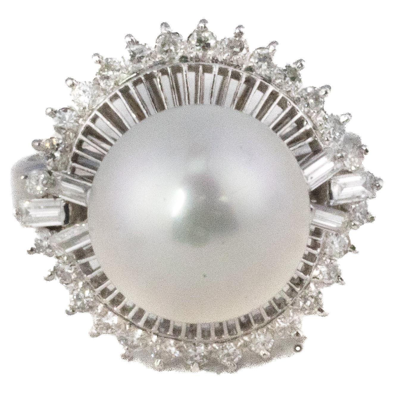 White Gold Pearl and Diamond Halo Ring