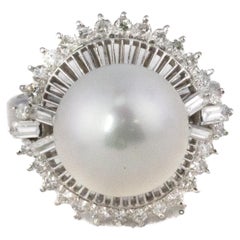 White Gold Pearl and Diamond Halo Ring