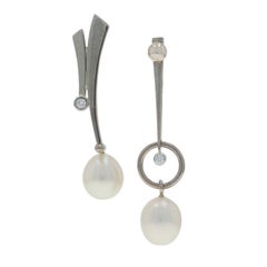 White Gold Pearl Diamond Asymmetrical Dot Line Drop Earrings 18k 14k Convertible