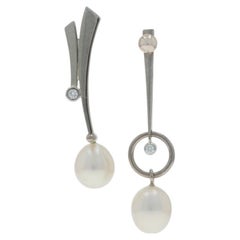 White Gold Pearl Diamond Asymmetrical Dot Line Drop Earrings 18k 14k Convertible