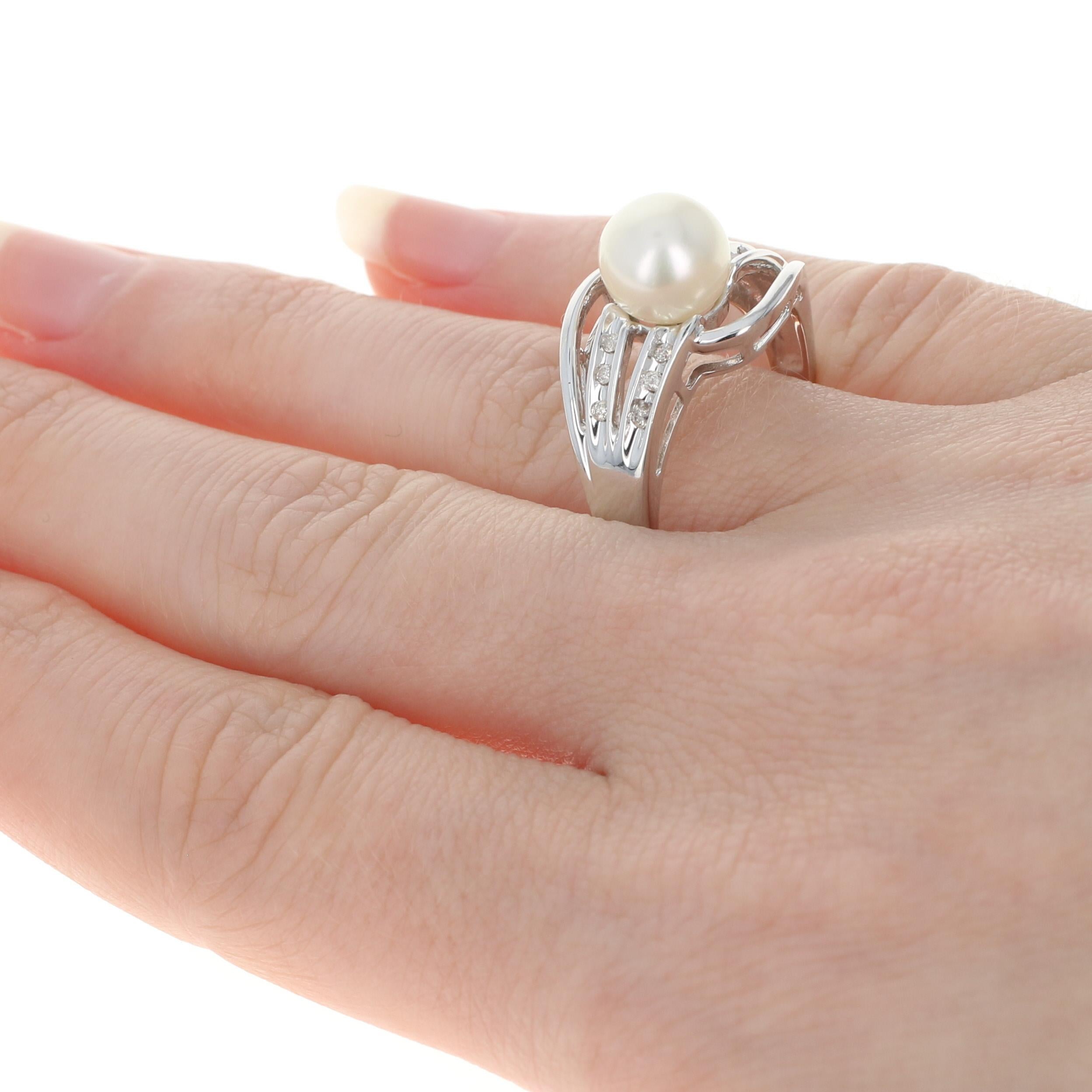 White Gold Pearl & Diamond Bypass Ring, 14k Round Brilliant .12ctw 4