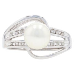 White Gold Pearl & Diamond Bypass Ring, 14k Round Brilliant .12ctw