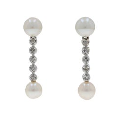 White Gold Pearl Diamond Dangle Earrings - 14k .10ctw Pierced