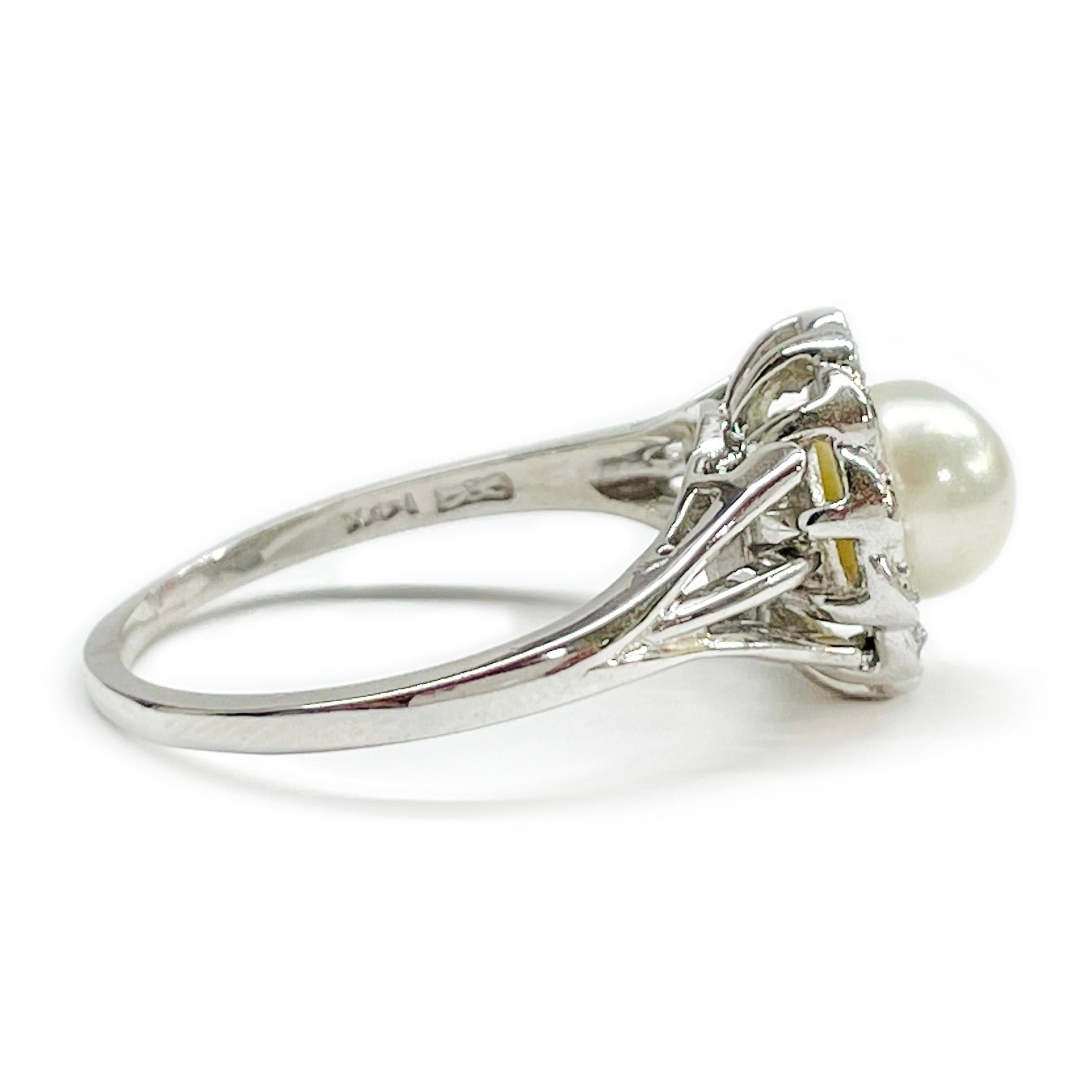 Retro White Gold Pearl Diamond Halo Ring For Sale