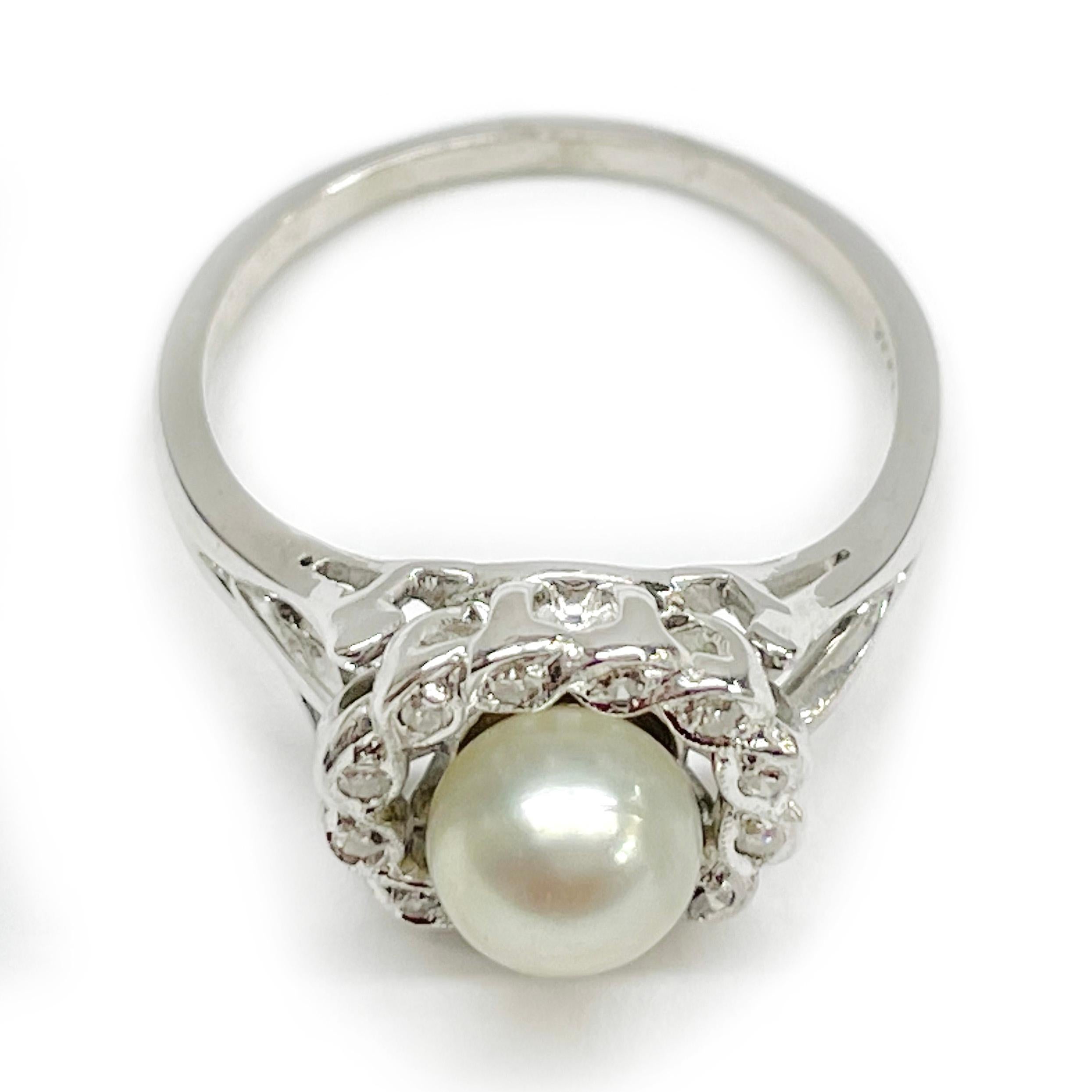 Round Cut White Gold Pearl Diamond Halo Ring For Sale