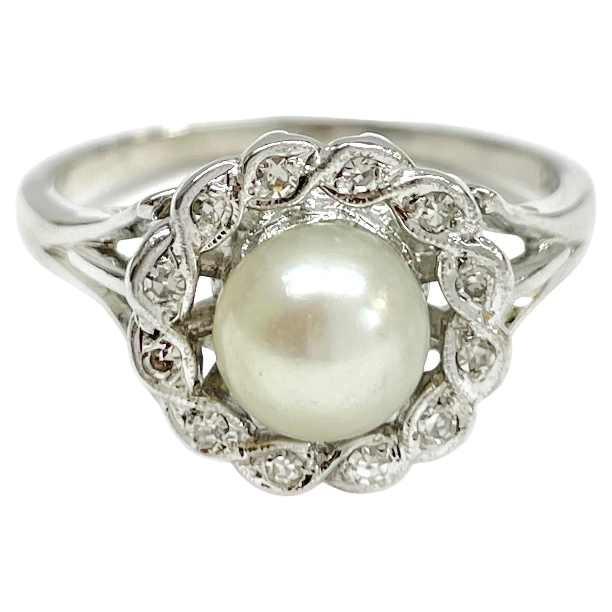 White Gold Pearl Diamond Halo Ring For Sale