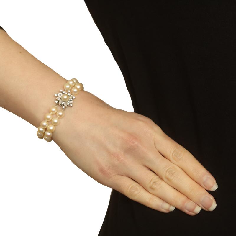 Round Cut White Gold Pearl Diamond Knotted Double Strand Bracelet 6 1/2