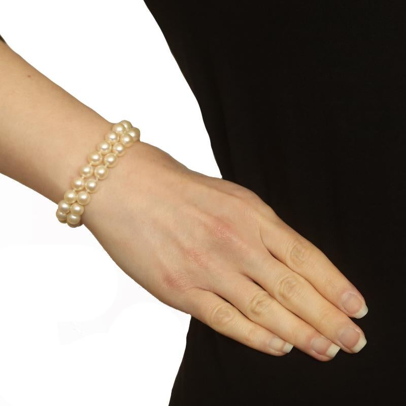 Weißgold Perle Diamant geknotetes doppelreihiges Armband 6 1/2