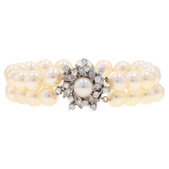 Weißgold Perle Diamant geknotetes doppelreihiges Armband 6 1/2" 14k .60ctw Floral